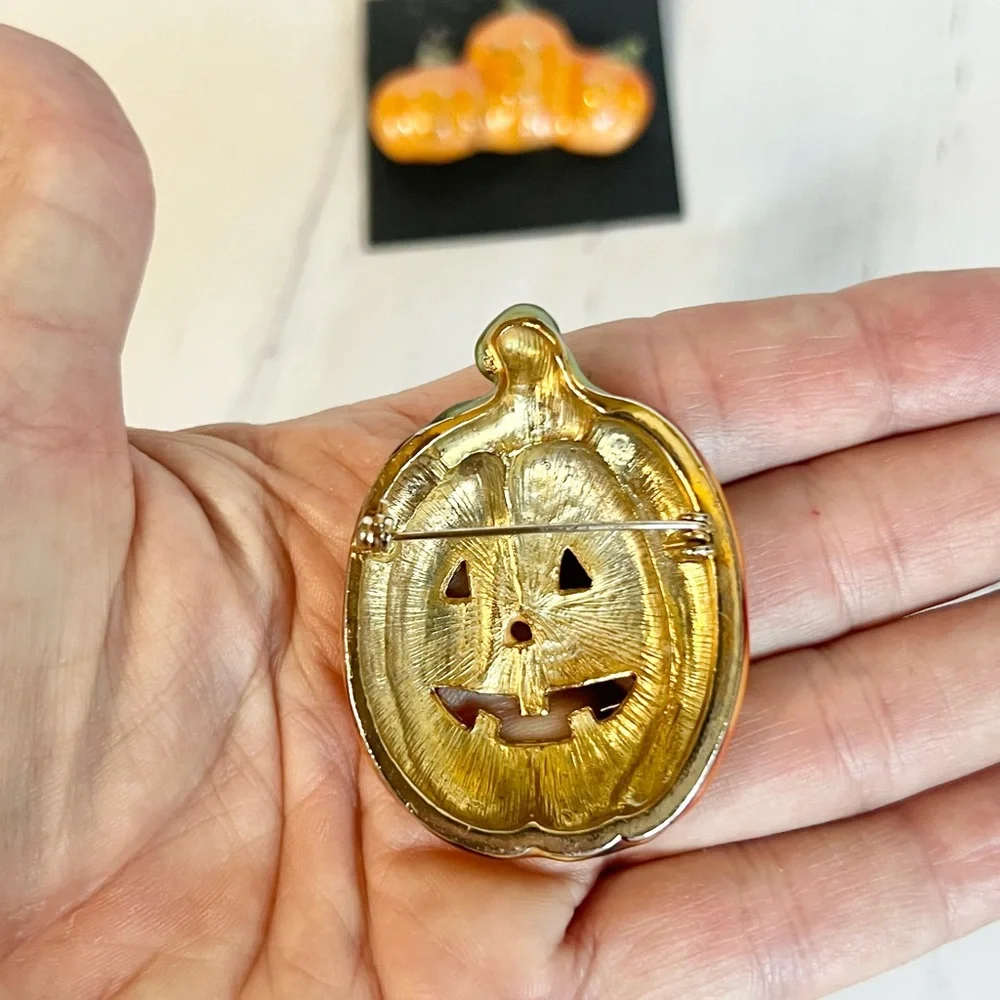 Vintage Halloween Pumpkin Brooch Pin Set Enamel Jack O Lantern Fall